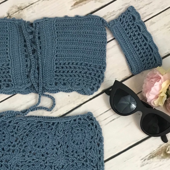 Sexy Blue High Waist Crochet Bikini w/ Corset Top - Picture 6 of 11